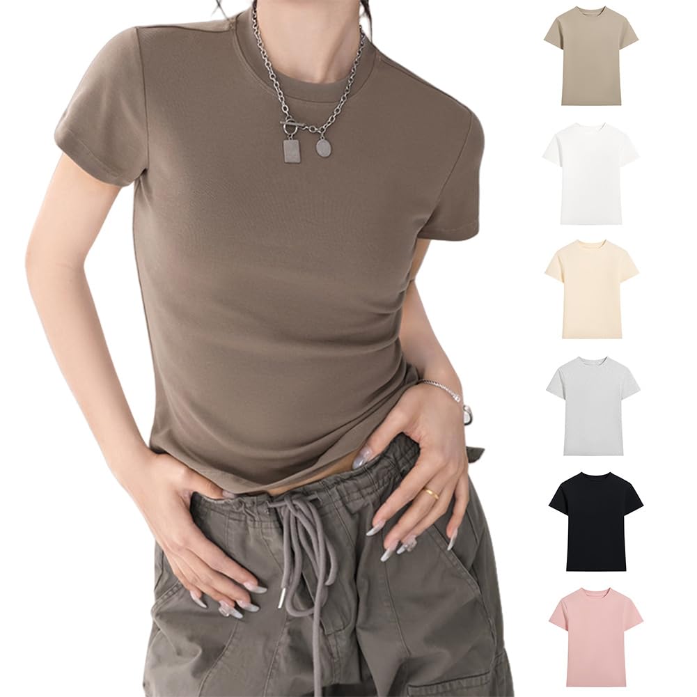 【送料無料】[HOTIAN] Tシャツ レディース 半袖 トップス「細身・着痩せ効果・伸縮性・肌ざり良い」 柔らか 無地 ショート丈tシャツ すっきり見せTシャツ カジュアル 通勤 デート 色：コーヒー、サイズ：XL