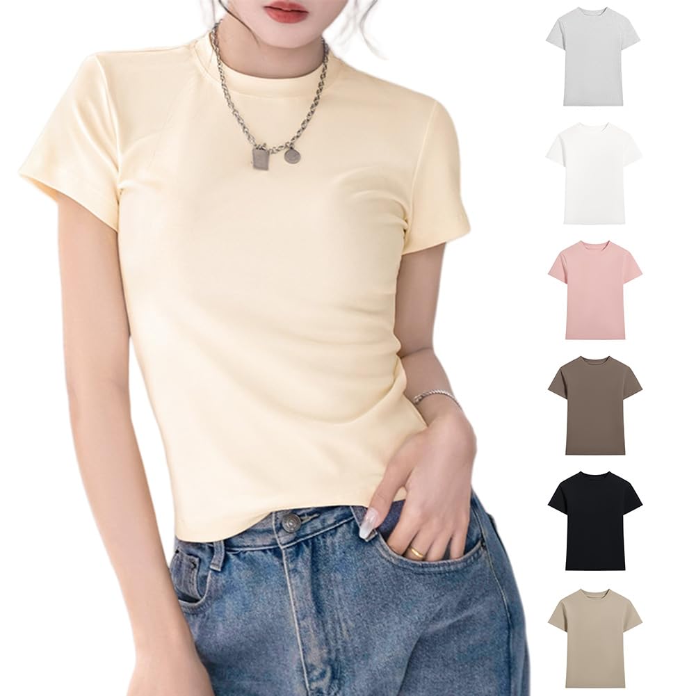 【送料無料】[HOTIAN] Tシャツ レディース 半袖 トップス「細身・着痩せ効果・伸縮性・肌ざり良い」 柔らか 無地 ショート丈tシャツ すっきり見せTシャツ カジュアル 通勤 デート 色：杏色、サイズ：XL