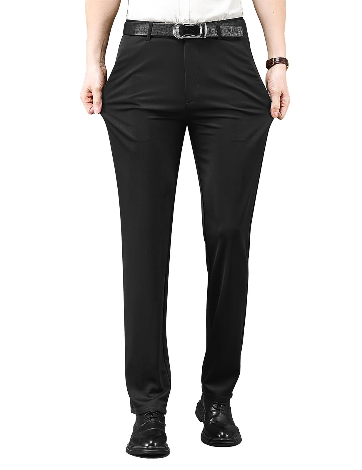 【送料無料】[TickElf] スラックス メンズ スーツズボン ストレッチ ノータック 無地 厚手 春秋用 耐摩耗 身 通気 防シワ加工 ノンアイロン ビジネス カジュアル 色：ブラック、サイズ：38
