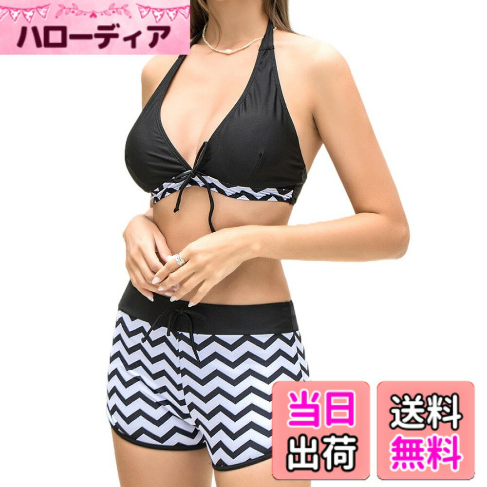 【送料無料】[Nestkanina] 水着 レディース ビキニ セパレート 紫外線対策 スイムウェア ビーチウェア ショートパンツ 女性用水着 フレア水着 着痩せ 温泉水着 海水浴 無地 可愛い SWM003 色：ブラック、サイズ：XL