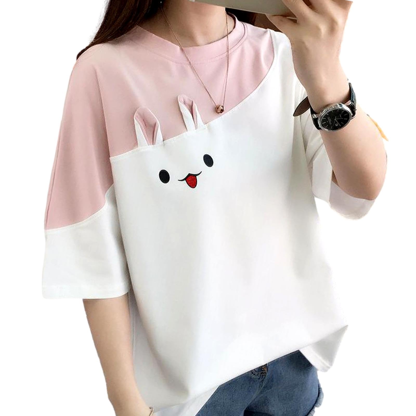 【送料無料】[Nestkanina] Tシャツ うさぎ 半袖 丸首 可愛い カットソー tシャツ シンプル おしゃれ レディース ストレッチ 夏 スリム トップス 薄手 涼感 柔らかい 肌触り TSHT057 色：ホワイト、サイズ：L