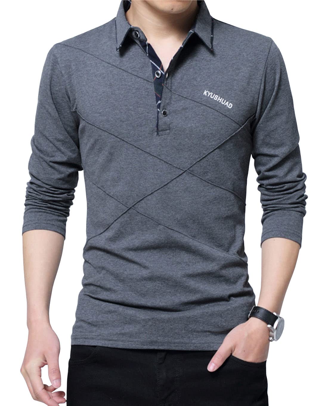 【送料無料】[OKJCON] メンズ ポロシャツ 長袖 春 綿 ゴルフウェア おしゃれ 無地 カジュアル 大きいサイズ 色：ダークグレー、サイズ：XL