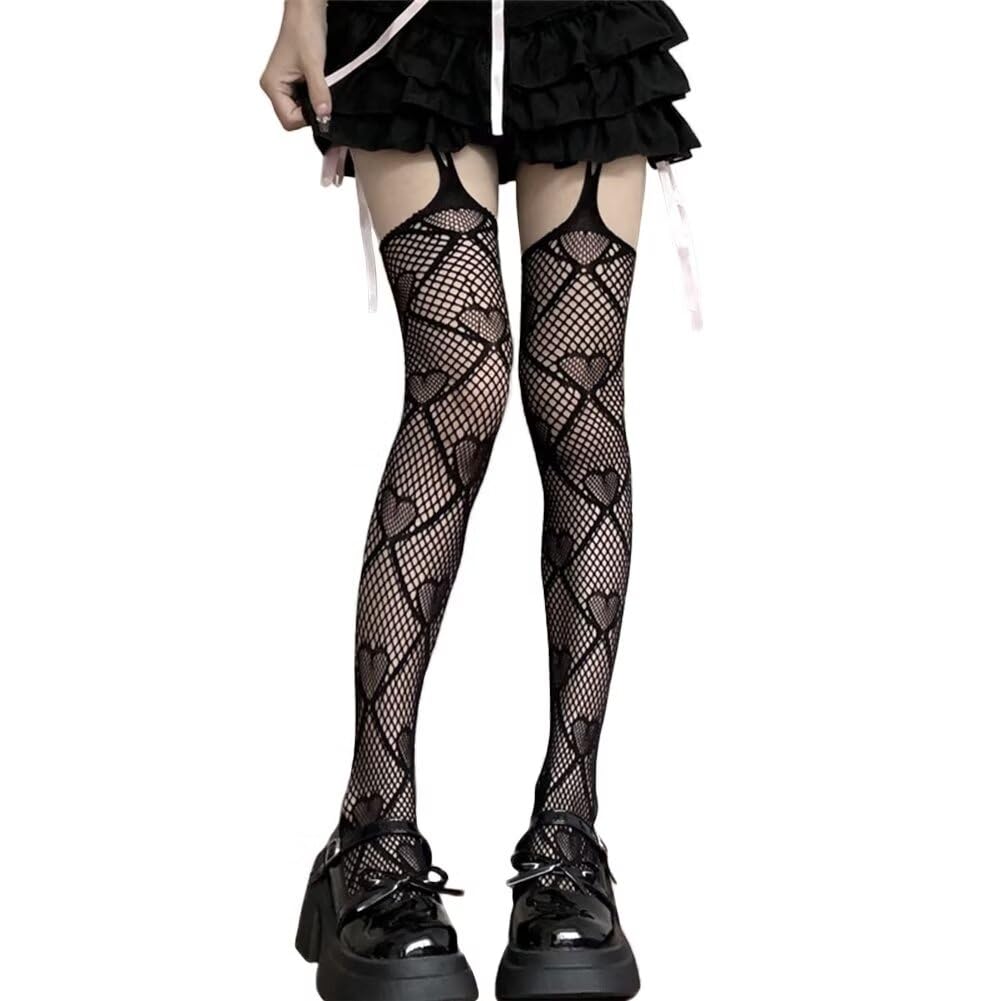 【送料無料】[Eukkis] 春夏薄手レディースセクシー ガーターベルトストッキング ニーハイソックス UVカット 4面あきオープンタイツ パンティストッキング 可愛い靴下 ズリ落ちにくい 色：網ハート柄 ブラック、サイズ：Free Size