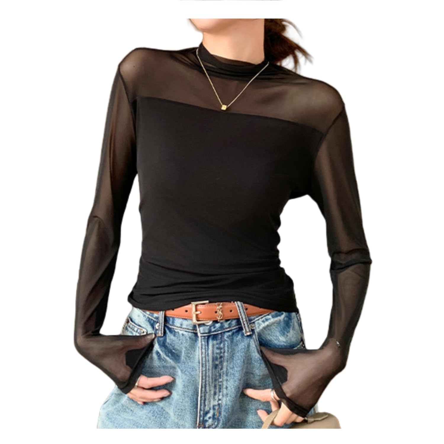 【送料無料】[Weuiean] レディース シースルー ハイネックプルオーバー トップス 長袖 カットソー シースルー チュール ストレッチ 透け感 SCWS-55 色：ブラック、サイズ：XL