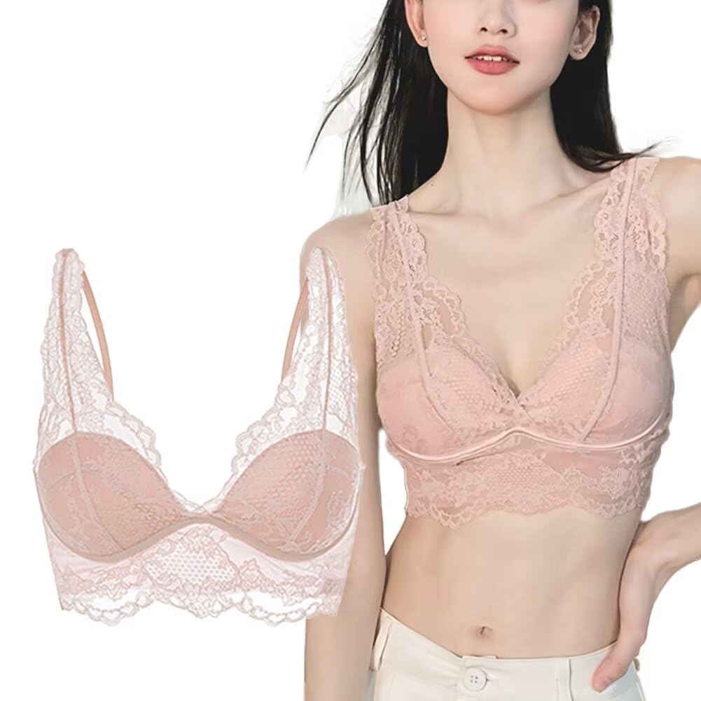 【送料無料】[Eukkis] 総レース ブラジャー重ね着インナー ストラップ調整可能 3/4カップ軽量パッド ノンワイヤー ブラトップ 色：ピンク、サイズ：M