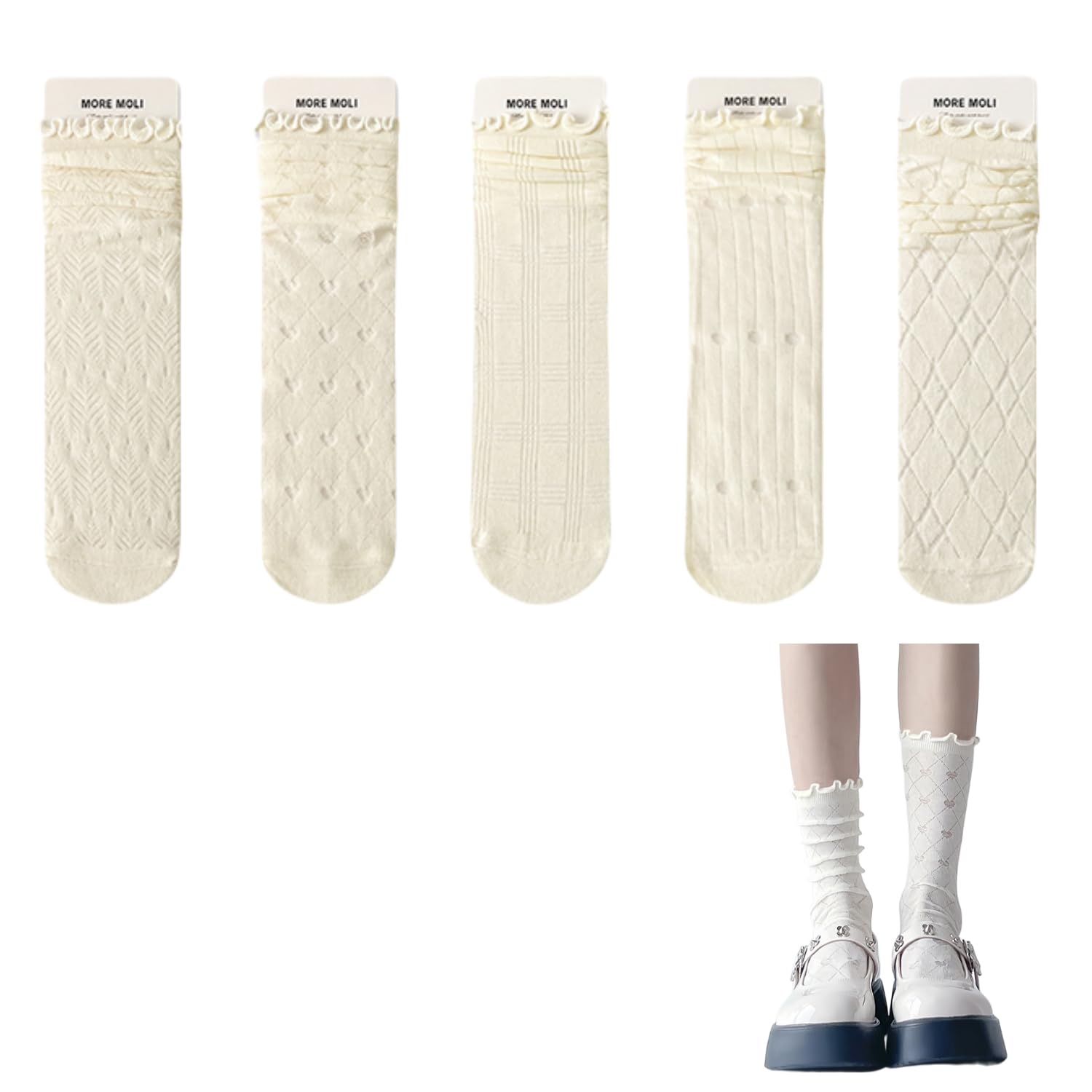 【送料無料】[Weuiean] 靴下 レディース 中空 ソックス 夏 メッシュ クルーソックス 5足セット ハイソックス 履き口くるくる 超薄 ルーズソックス LKBS-75 色：クリーム、サイズ：Free Size