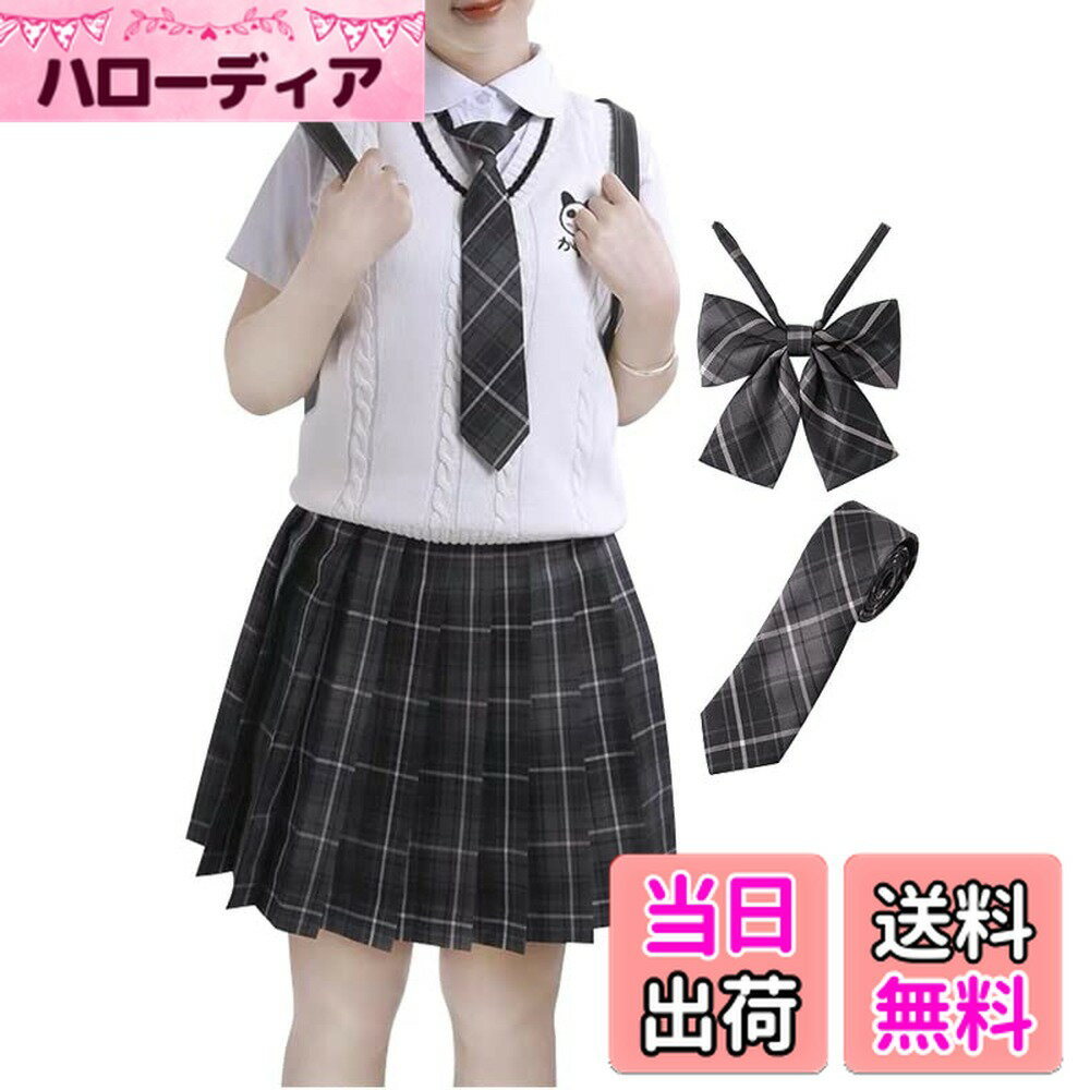 【送料無料】[Sharphon] チェック プリーツスカート 25色 43/48CM丈 制服 ハイウエスト プリーツ スカート 蝶結び ネクタイ 3点セット 色：A14、サイズ：M-43CM