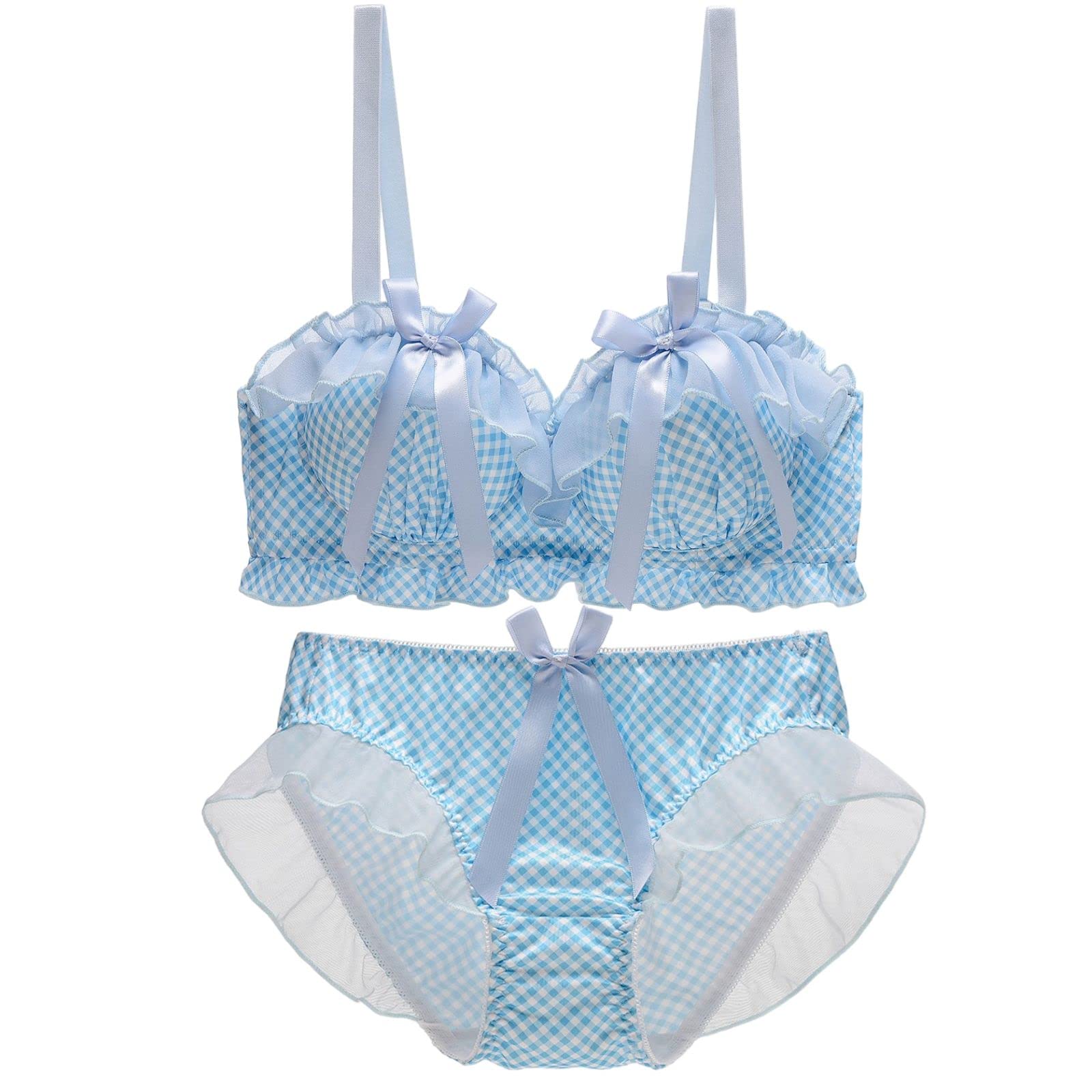 【送料無料】[Beirou] ブラジャー ショーツセット レディース 上下セット ブラショーツセット 【ノンワイヤー・めっちゃ可愛い・ロリータ風】 ブラ＆ショーツセット ビギニ ブラショーツ セット セーラーデザイン cos インナーセッ 色：【格子縞】 ブルー・B、サイズ：XL