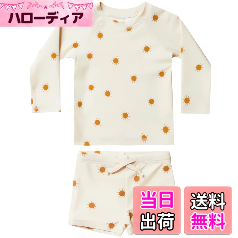 【送料無料】KALAVILA キッズ 水着 男の子 3点セット 長袖ラッシュガード スイムパンツ 帽子 子ども用水着 80-130 スイムウェア セパレート 上下セット 子供 小学生 幼稚園 保育園用 紫外線カット UV対策 日焼け止め 色：ベージュ、サイズ：120