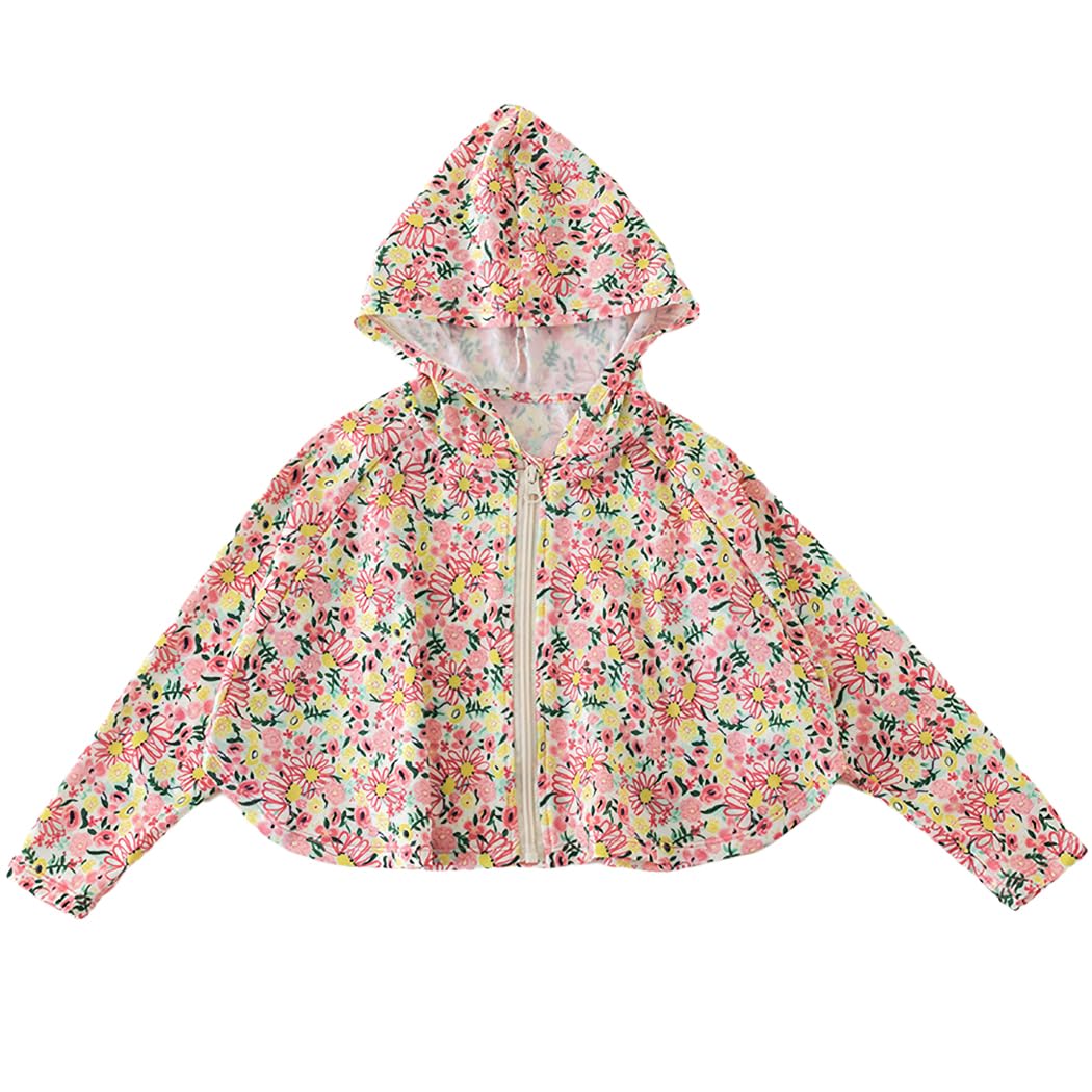 【送料無料】KALAVILA ラッシュガード キッズ 長袖 女の子 90～130cm フード付き 子ども用 ジップパーカー 幼稚園 保育園用 接触冷感 UPF50+ 紫外線対策 UVカット 色：お花柄、サイズ：120