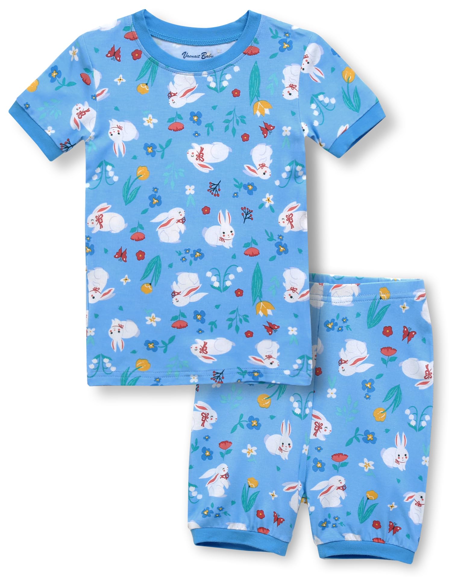 【送料無料】[Vaenait Baby] 子供キッズ1-8歳 半袖パジャマ寝間着ルームウェア上下セット ビスコース Shirring Colorful 色：A07-Blue Rabbit、サイズ：130