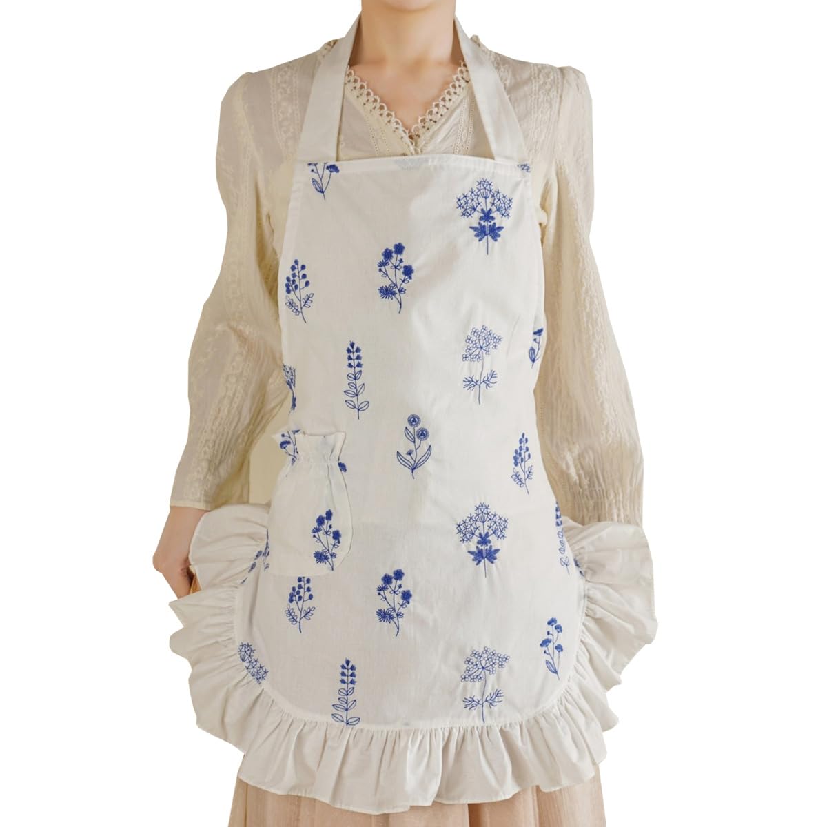 【送料無料】[LIUXU] エプロンかわいい おしゃれ メイド ワンピース型 カフェエプロン 撥水 防水 クロスタイプ ワンピースタイプ リボン 北欧風 キッチン カフェ風 料理教室 色：ホワイト&ブルー