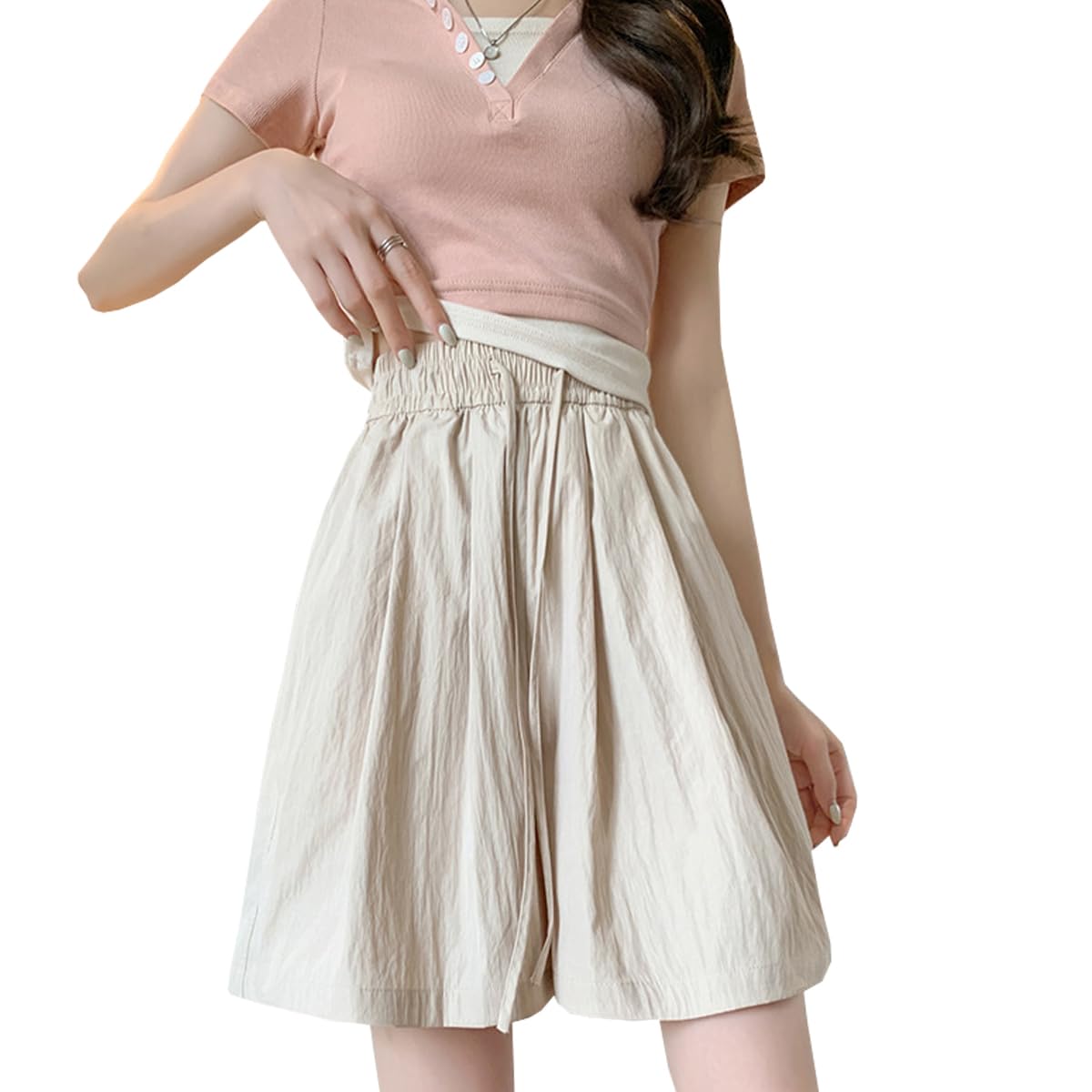 【送料無料】レディース ショートパンツ 大きいサイズ 短パン 夏 ハーフパンツ ゆったり 無地 ショートパンツ スカート風 レディース フレア ショーパン 短パン キュロット ハーフパンツ ストレッチ ゆったり 着痩せ 色：ベージュ、サイズ：L