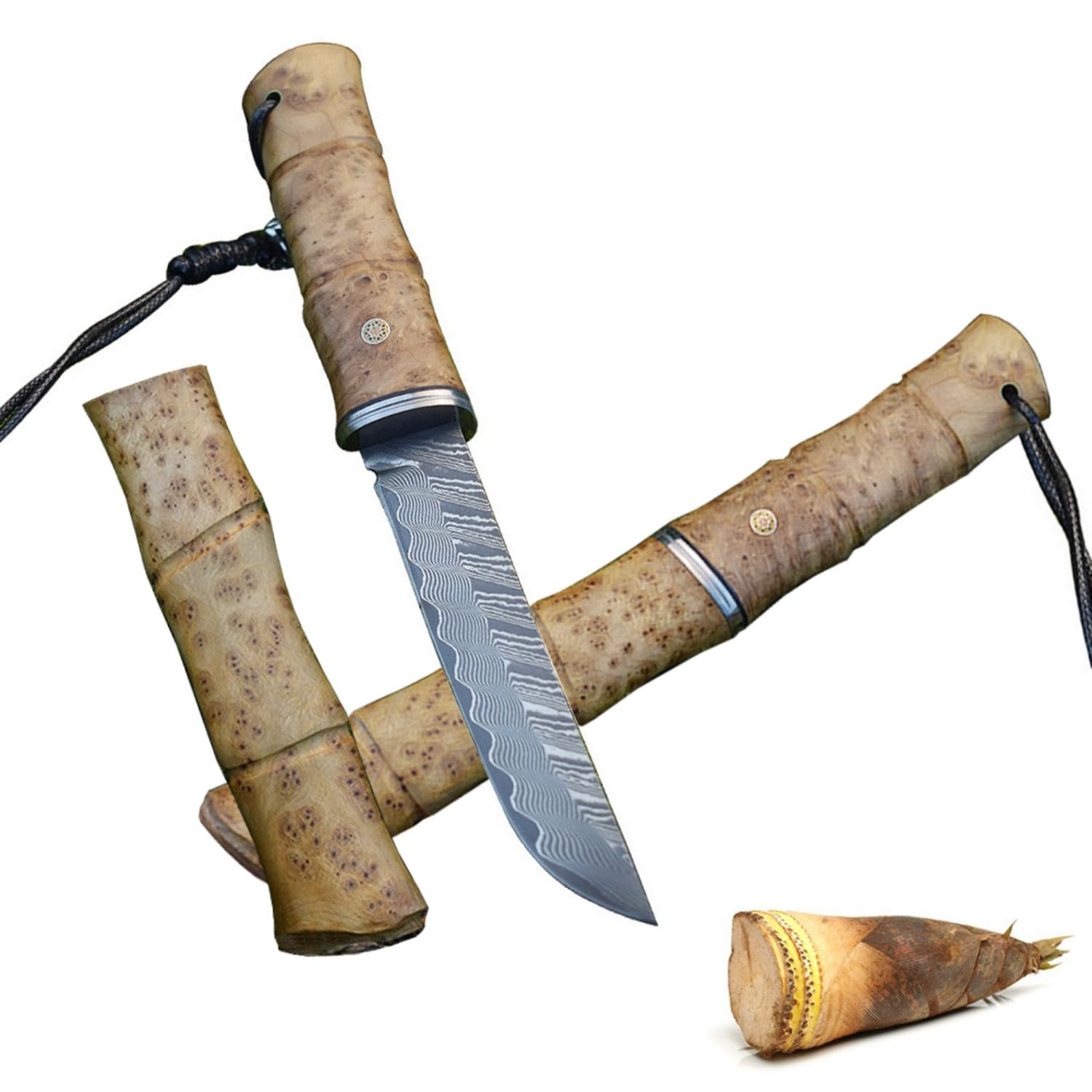 【送料無料】Irai Utaki キャンプナイフ シースナイフ 刃長120mm【佐藤武士】75層ダマスカス鋼 波紋模様 白影瘤木 木鞘付 釣り 登山 山歩き ブッシュクラフト 色：佐藤武士