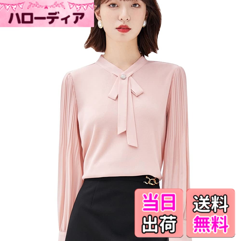 Other - 【送料無料】ブラウス レディース 長袖 vネック レース ボウタイ フリル シャツ トップス ワイシャツ 無地 シンプル シフォン オフィス フォーマル blouse おしゃれ PHFUYUメーカー直営＆品質 色：ピンク、サイズ：XL