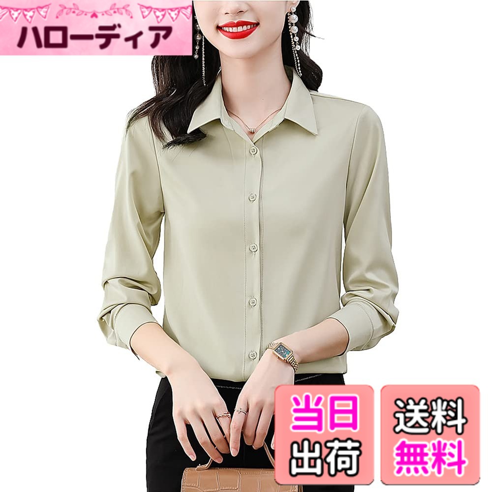 乐天商城 - 【送料無料】[Bolan　Verl] 9色 サテン シャツ ブラウス 長袖 レディース ワイシャツ ノーアイロン カッターシャツ オフィス ノンアイロン 無地 光沢 上品 大きいサイズ 襟付き 着痩せ 春 秋 冬 スーツインナー 通勤 ビジネス 色：ライトグリーン、サイズ：2XL