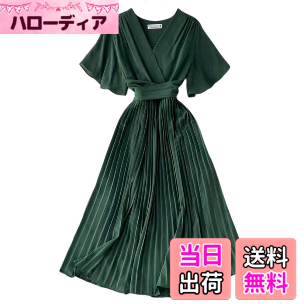 【送料無料】[Collecala] 夏ワンピース レディース大人ロングシャツワンピース プリーツスカート ミモレロングonepiece フレア半袖ドレス 韓国風ウエストリボンつきdress 9色展開 色：グリーン、サイズ：M
