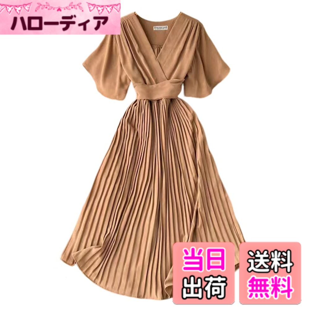 【送料無料】[Collecala] 夏ワンピース レディース大人ロングシャツワンピース プリーツスカート ミモレロングonepiece フレア半袖ドレス 韓国風ウエストリボンつきdress 9色展開 色：モカ、サイズ：L