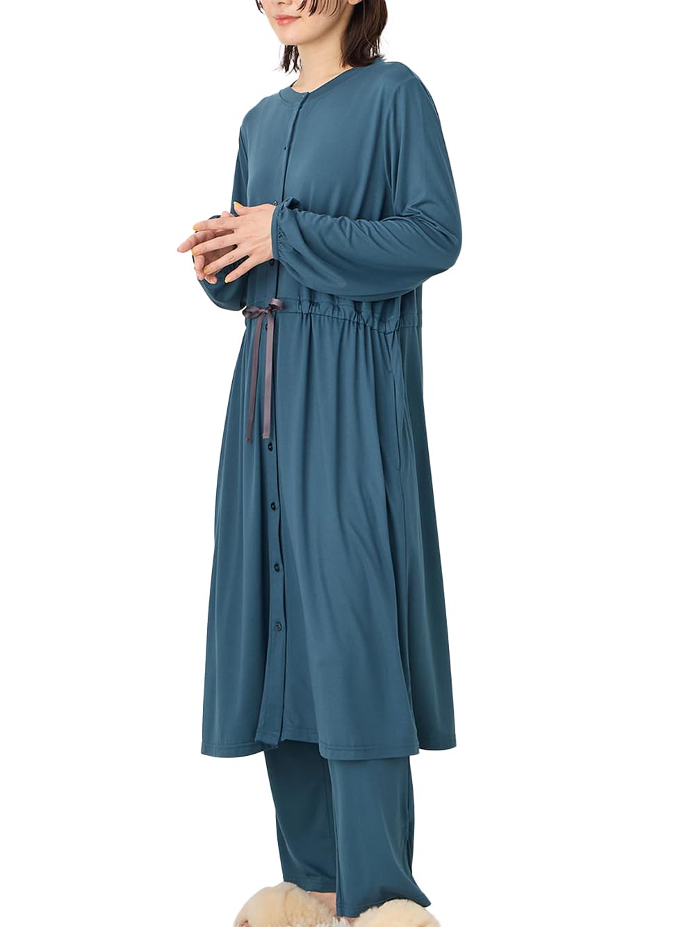 【送料無料】[ANGELIEBE エンジェリーベ] マタニティ 前開き パジャマ しっとり感触 ウエスト切替 長袖..