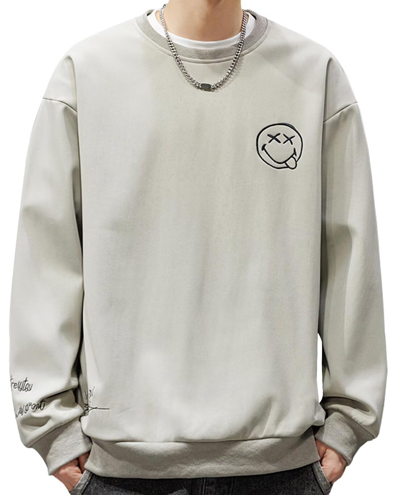 【送料無料】[Bligo] トレーナー メンズ スウェット tシャツ 長袖 L-8XL クルーネック スマイリー 柄 プルオーバー 大きいサイズ 秋服 無地 パーカー おしゃれ シンプル カジュアル ゆったり 可愛い 柔らかい かわいい 快適 人気 春冬服 色：9892-グレー、サイズ：3XL