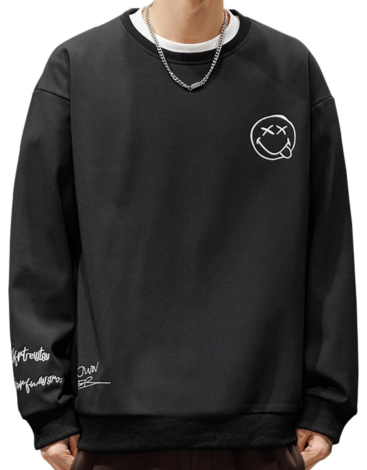 【送料無料】[Bligo] トレーナー メンズ スウェット tシャツ 長袖 L-8XL クルーネック スマイリー 柄 プルオーバー 大きいサイズ 秋服 無地 パーカー おしゃれ シンプル カジュアル ゆったり 可愛い 柔らかい かわいい 快適 人気 春冬服 色：9890-ブラック、サイズ：4XL