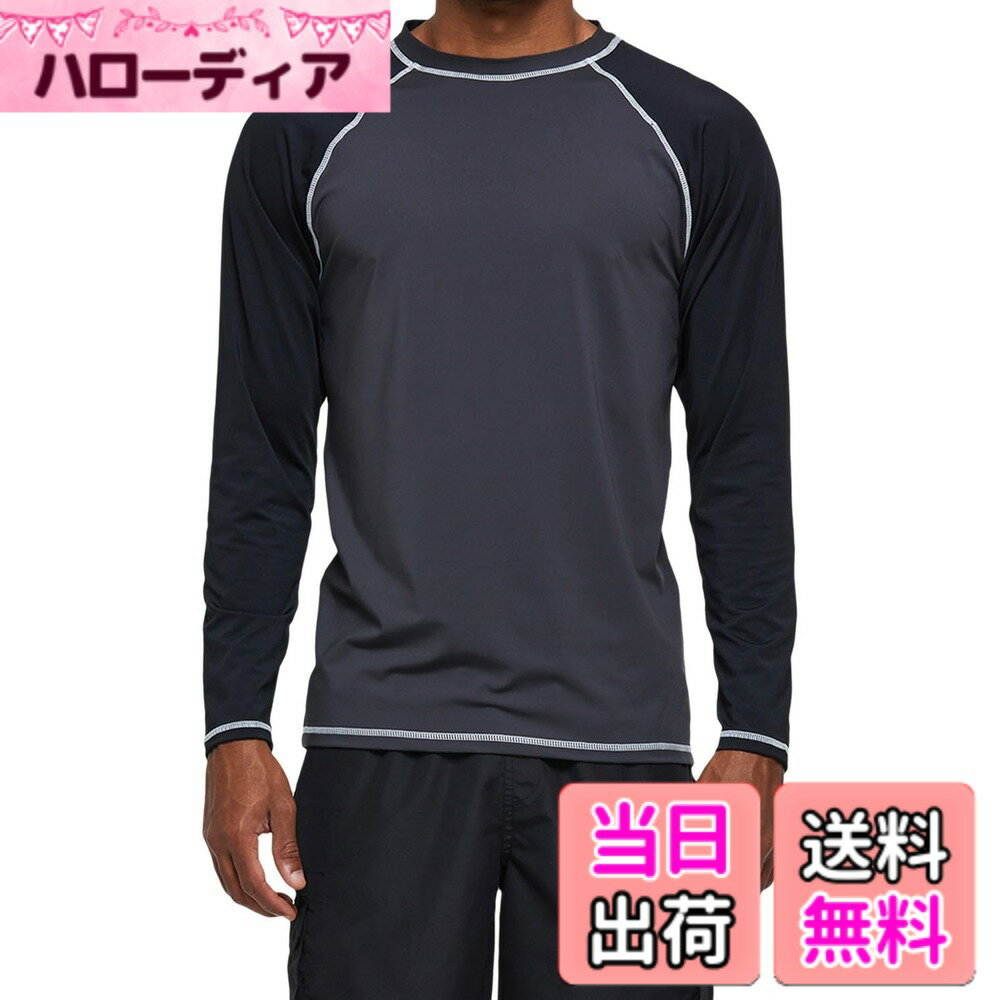 【送料無料】[Hyzhwl] ラッシュガード メンズ 長袖 水着 tシャツ UPF50+ 接触冷感 uvカット紫外線対策 水陸両用 速乾 通気 スポーツ 海水浴 サーフィン服 日焼け予防 色：ブラック/グレー、サイズ：M