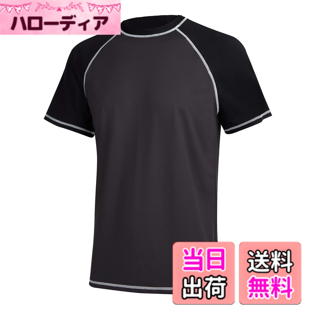 【送料無料】[Hyzhwl] ラッシュガード メンズ 半袖 水着 tシャツ UPF50+ 接触冷感 uvカット紫外線対策 速乾 水陸両用 通気 スポーツ 海水浴 サーフィン服 日焼け予防 色：ブラック/グレー、サイズ：2L