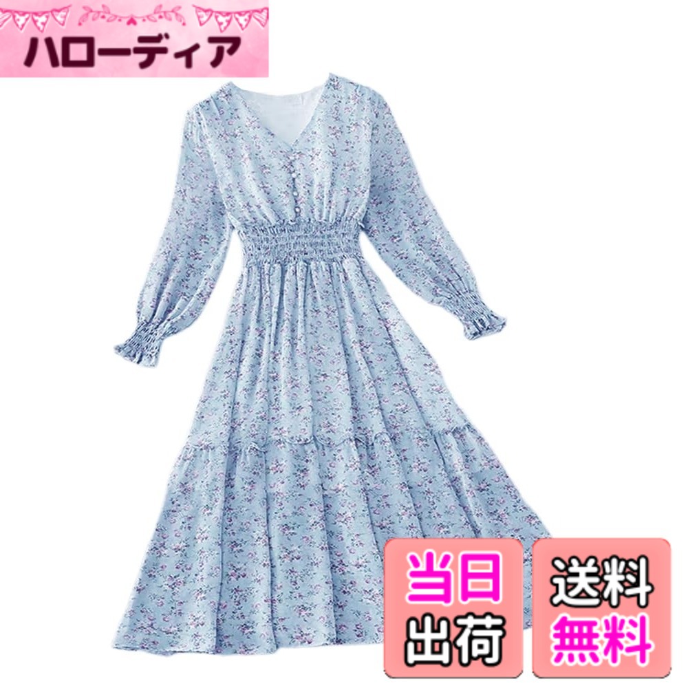 乐天商城 - 【送料無料】[Collecala] 長袖ワンピース レディース秋口長袖ロング小花柄プリント ワンピース 膝下ミモレ丈 Vネック裏地付き ゴムハイウエスト きれいめonepiece 若い女の子かわいい服 10色展開 S／M／L／XL/2XL 色：サックス、サイズ：S