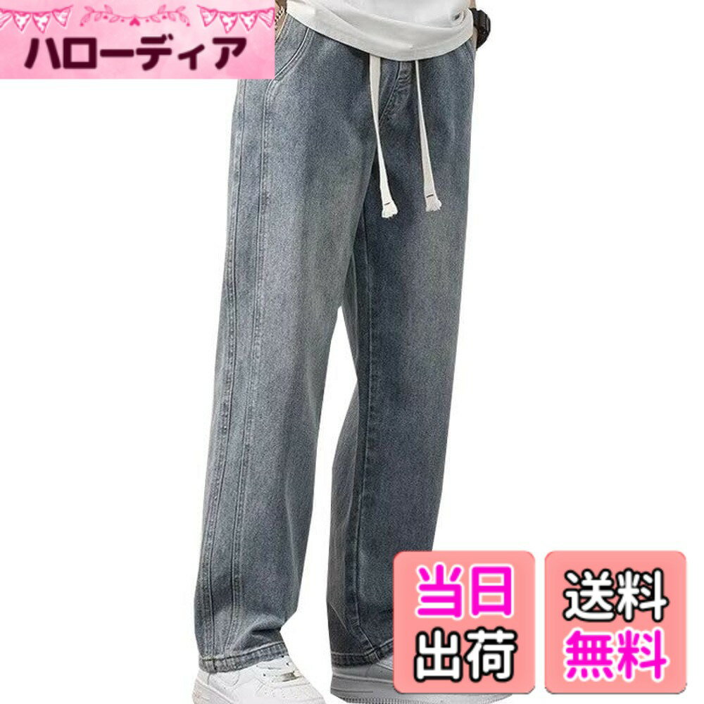 Rakuten - 【送料無料】[FJLTDCP] メンズ ズボン ロングパンツ ジーンズ メンズ ワイド デニム パンツ ゆったり 大きいサイズ ダメージ加工 調整紐 ウエストゴム ストレート ヒップホップ ストリート ファッション春秋 無地 色：125#ブルー、サイズ：L