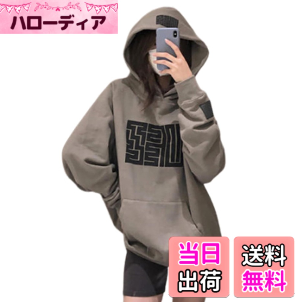 【送料無料】[BLANK BLANC] パーカー 裏起毛 プルオーバー レディース 長袖 フード付き プリント柄 大きめ トップス 秋 冬 春 色：グレー、サイズ：XL