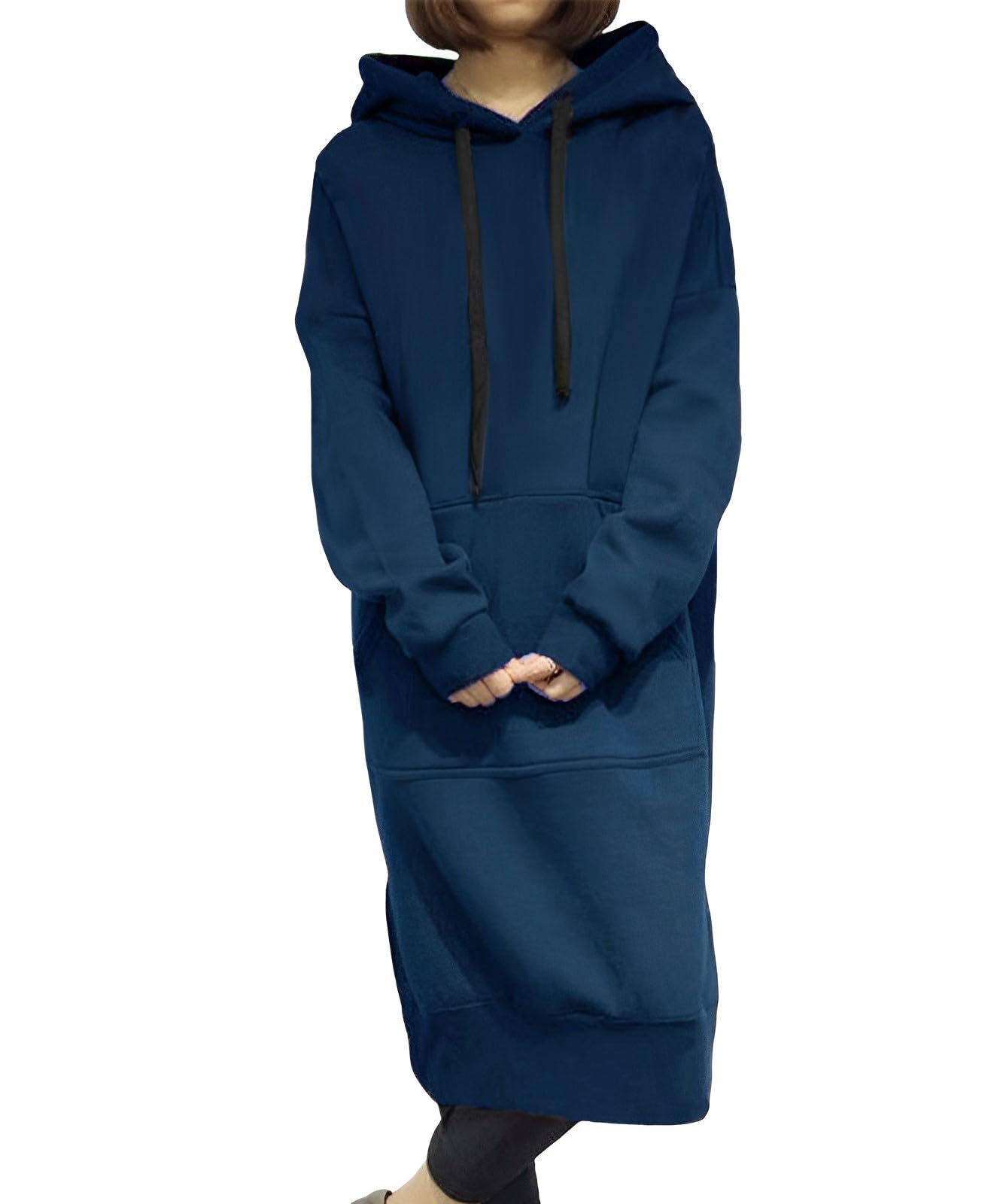 【送料無料】[BLANK BLANC] ワンピース ロング スウェット カットソー パーカー レディース フード付き スリット 無地 ロングワンピース 秋 冬 色：ブルー、サイズ：2XL