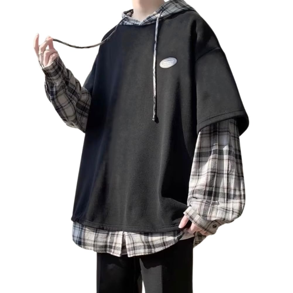 【送料無料】[ALVEIN] パーカー メンズ 長袖 レイヤードスリーブ 重ね着風 チェック プルオーバー トップス スエット 色：ブラック、サイズ：3XL