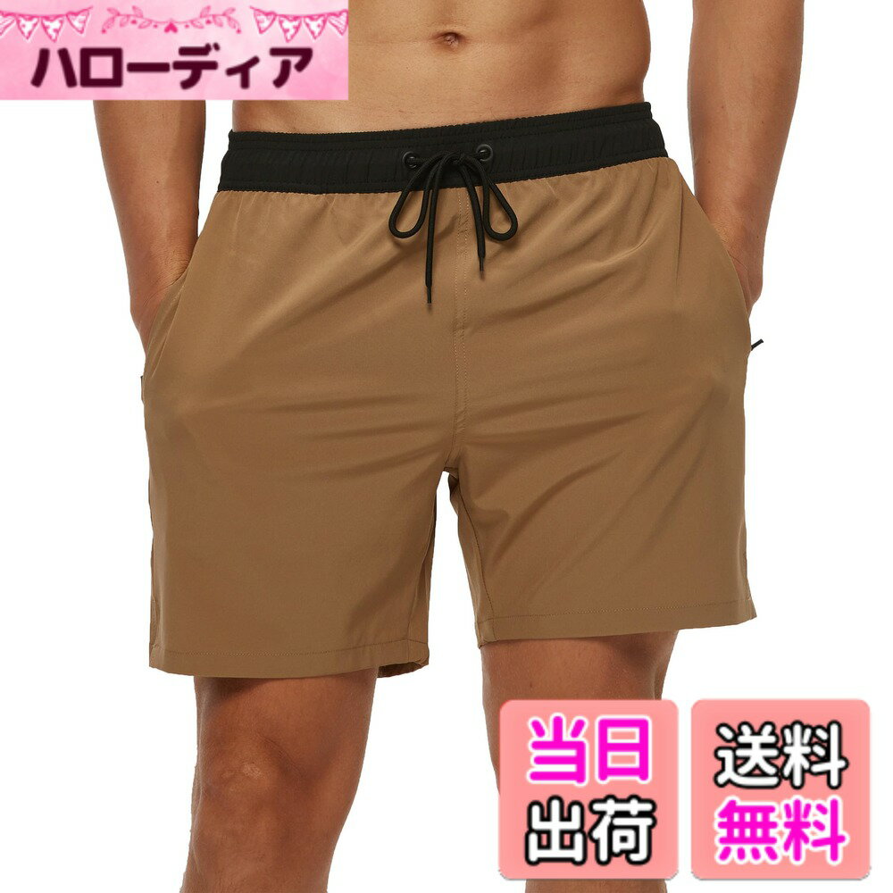 【送料無料】[Hyzhwl] 水着 メンズ 海水パンツ ショートパンツ 短パン サーフパンツ 速乾 ボードショーツ スイムウェア サウナ水着 水陸両用 メッシュインナー付き 通気 色：ブラッ/カーキ、サイズ：XL