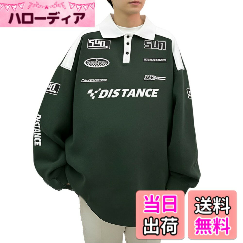 【送料無料】[BLANK BLANC] ポロシャツ メンズ 長袖 カットソー 襟付き 大きめ スポーティー トップス カジュアル 切り替え 配色 秋 春 色：グリーン、サイズ：XL