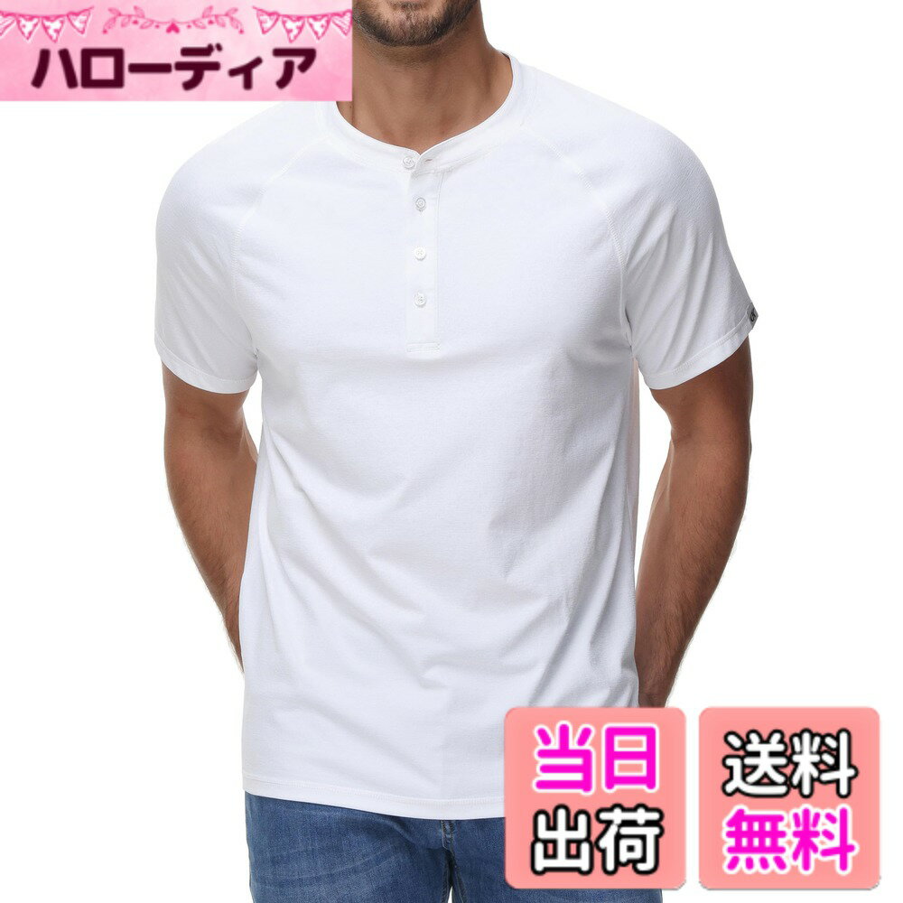【送料無料】[Hyzhwl] ヘンリーネック Tシャツ 半袖 メンズ 丸首 無地 柔らかい 通気 襟を開く ストレッチ 快適 クルーネック おしゃれ 色：ホワイト（丸首）、サイズ：2L