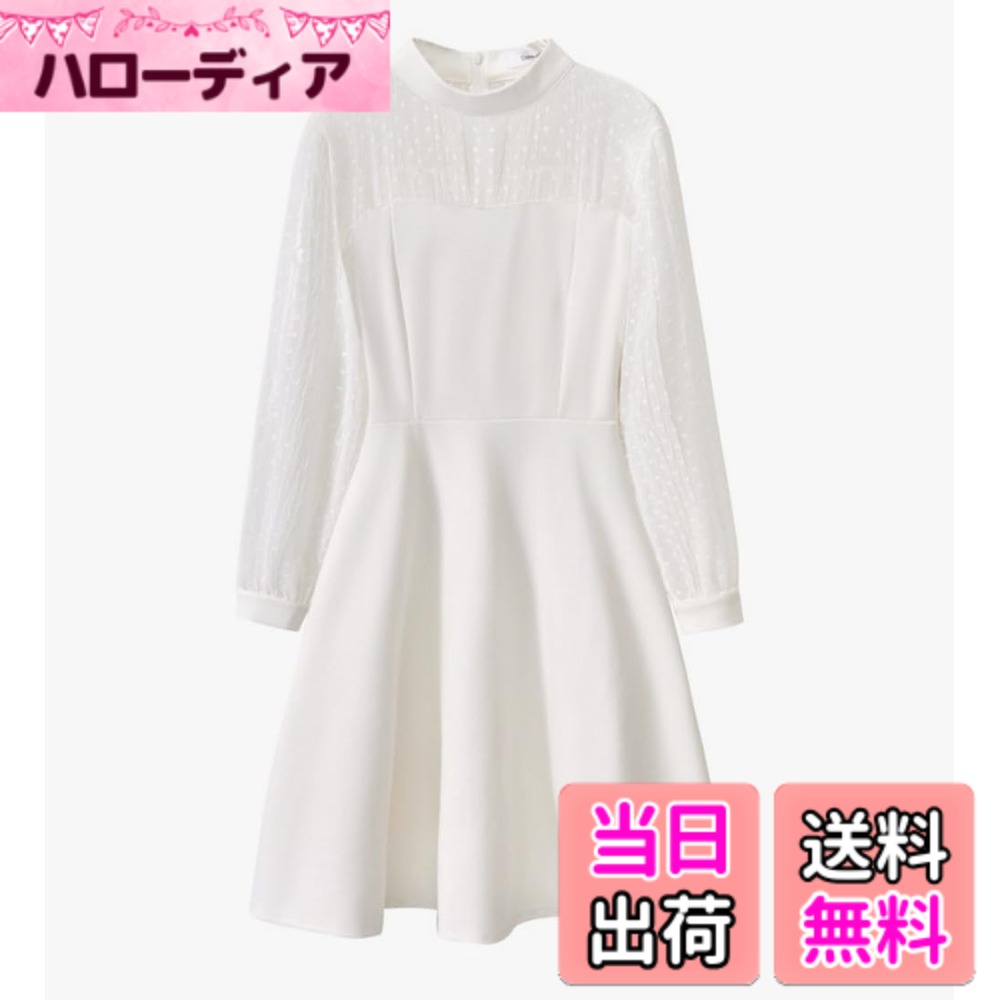 【送料無料】[Collecala] ワンピース レディースロング長袖ドレス ドットフロッキープリント クルーネック 肩透けセクシーワンピース 膝丈 Aライン 結婚式パーティードレス 通勤 二次会 結婚式 色：オフホワイト無地、サイズ：XS