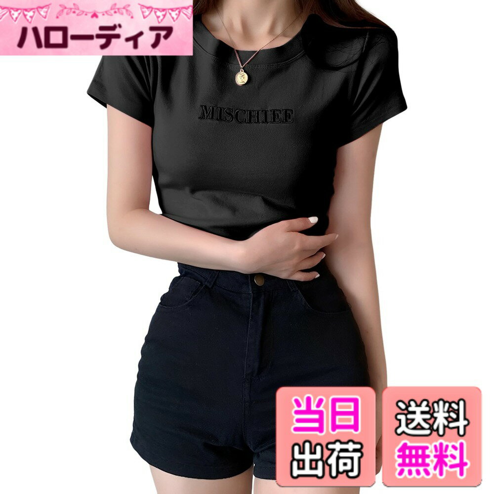 【送料無料】[BLANK BLANC] レディース Tシャツ 刺繍 ロゴ シンプル 丸首 ストレッチ ティーシャツ ミドル丈 カットソー 柔らかい 春 夏 色：ブラック、サイズ：S