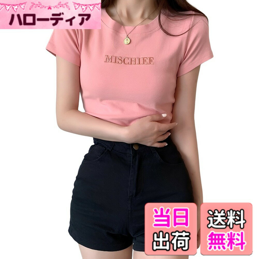 【送料無料】[BLANK BLANC] レディース Tシャツ 刺繍 ロゴ シンプル 丸首 ストレッチ ティーシャツ ミドル丈 カットソー 柔らかい 春 夏 色：ピンク、サイズ：M