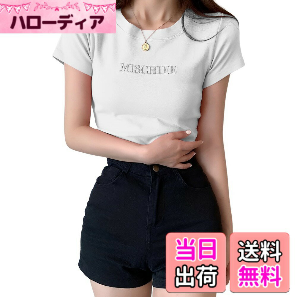 【送料無料】[BLANK BLANC] レディース Tシャツ 刺繍 ロゴ シンプル 丸首 ストレッチ ティーシャツ ミドル丈 カットソー 柔らかい 春 夏 色：ホワイト、サイズ：M