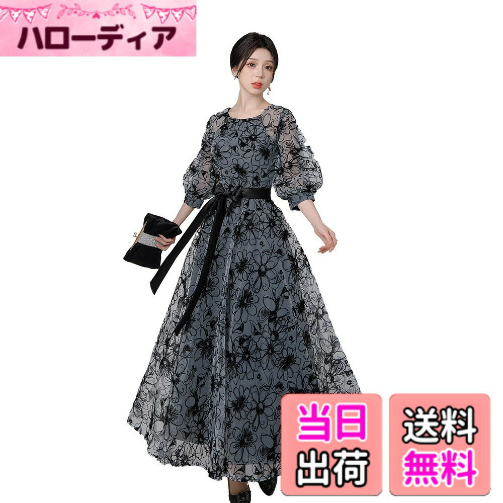 【送料無料】[KOXIFLI] パーティードレス ロング丈 結婚式 長袖 レース ワンピース 二次会 ゲストドレス 大人の魅力 花柄 卒入式 宴会イブニング 結婚式 ドレス 大きいサイズ 色：ブラック、サイズ：L