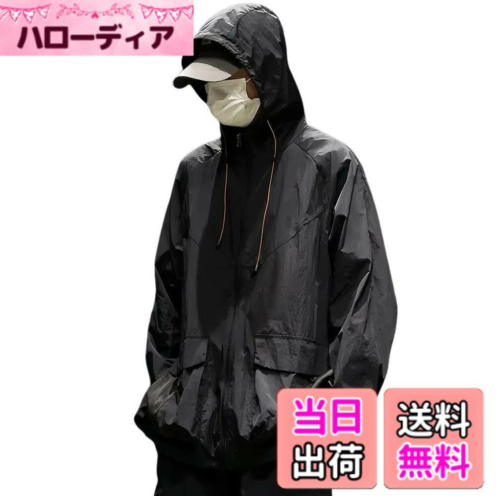【送料無料】[FJLTDCP] ラッシュガード メンズ パーカー UVカットUPF50+夏服 薄手 長袖ゆったり スウェット速乾性 日焼け防止服 男女兼用 色：325#ブラック、サイズ：L