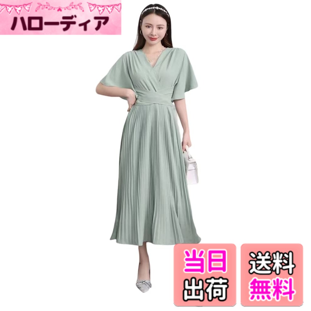 【送料無料】[Collecala] 夏ワンピース レディース大人ロングシャツワンピース プリーツスカート ミモレロングonepiece フレア半袖ドレス 韓国風ウエストリボンつきdress 9色展開 色：ミント、サイズ：M