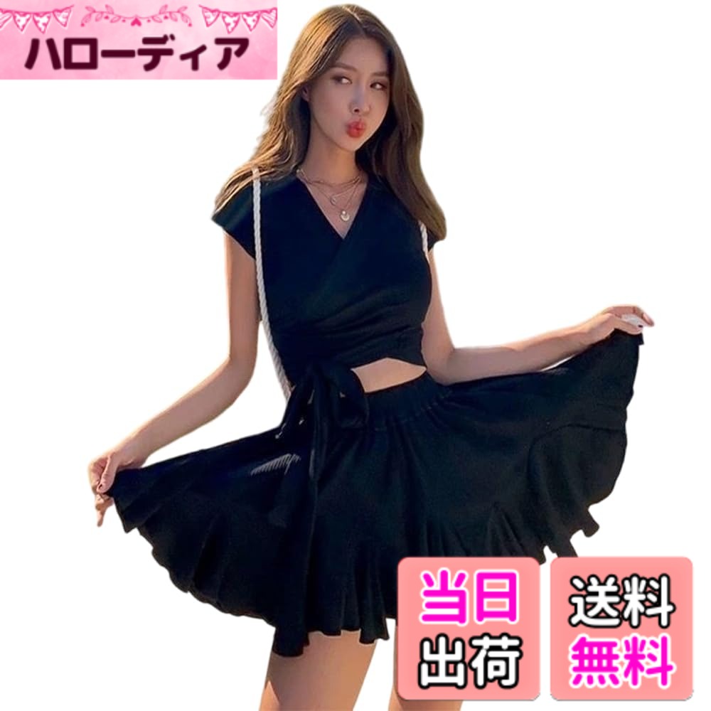 【送料無料】[fyetemon] レディース水着 3点セット スカート付き セパレート 上下セットアップ 体型カバー 夏用 着痩せ効果 ブラック M-XL (JP, アルファベット, M, 標準, ブラック) 色：ブラック