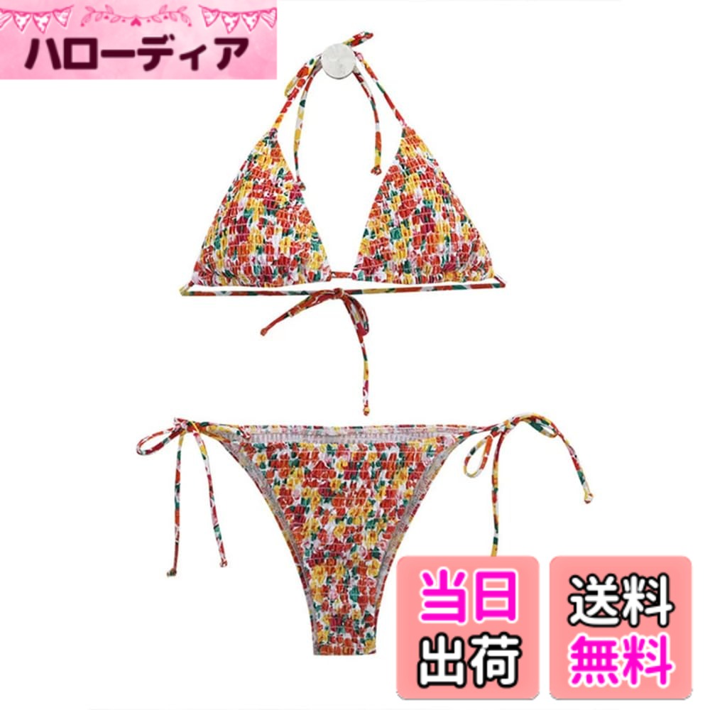 【送料無料】[fyetemon] ビキニ 水着 レディース 三点セット セクシー ひも付き フリル トップ 花柄 バスト盛れる 海辺 プール 温泉 旅行 映え 韓国風 色：花柄、サイズ：L
