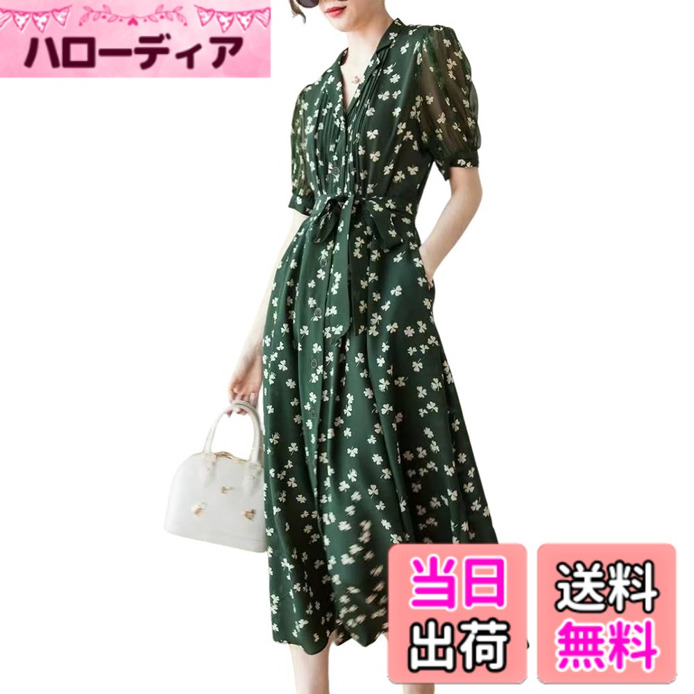 【送料無料】[Collecala] ドレス レディース夏 半袖 シフォンワンピース 四葉草総柄vネック夏洋服 なつ上品フォーマルワンピ クローバー柄わんぴーす 色：グリーンクローバー、サイズ：M