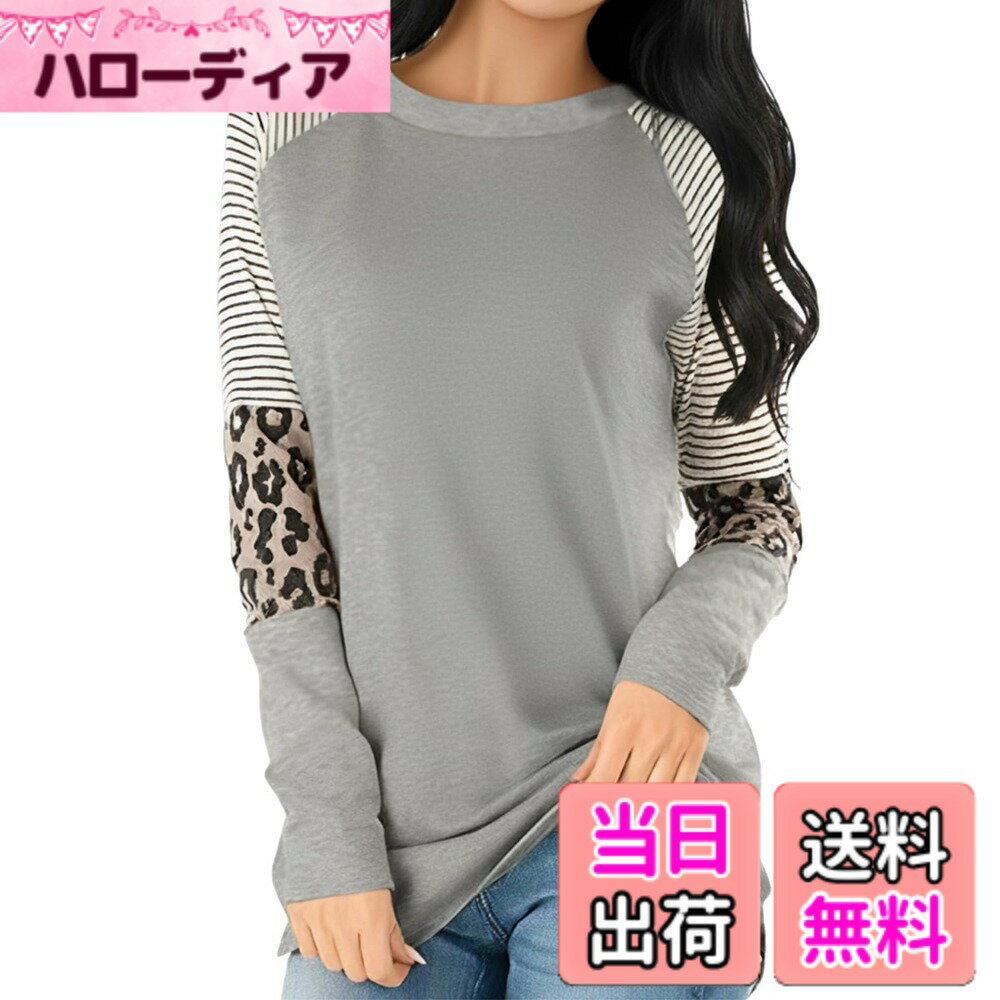 Other - 【送料無料】[BLANK BLANC] レディース ロングtシャツ カットソー 切り替え 長袖 レオパード柄 薄手 秋 冬 ゆったり デザイン トップス 色：ライトグレー、サイズ：XL
