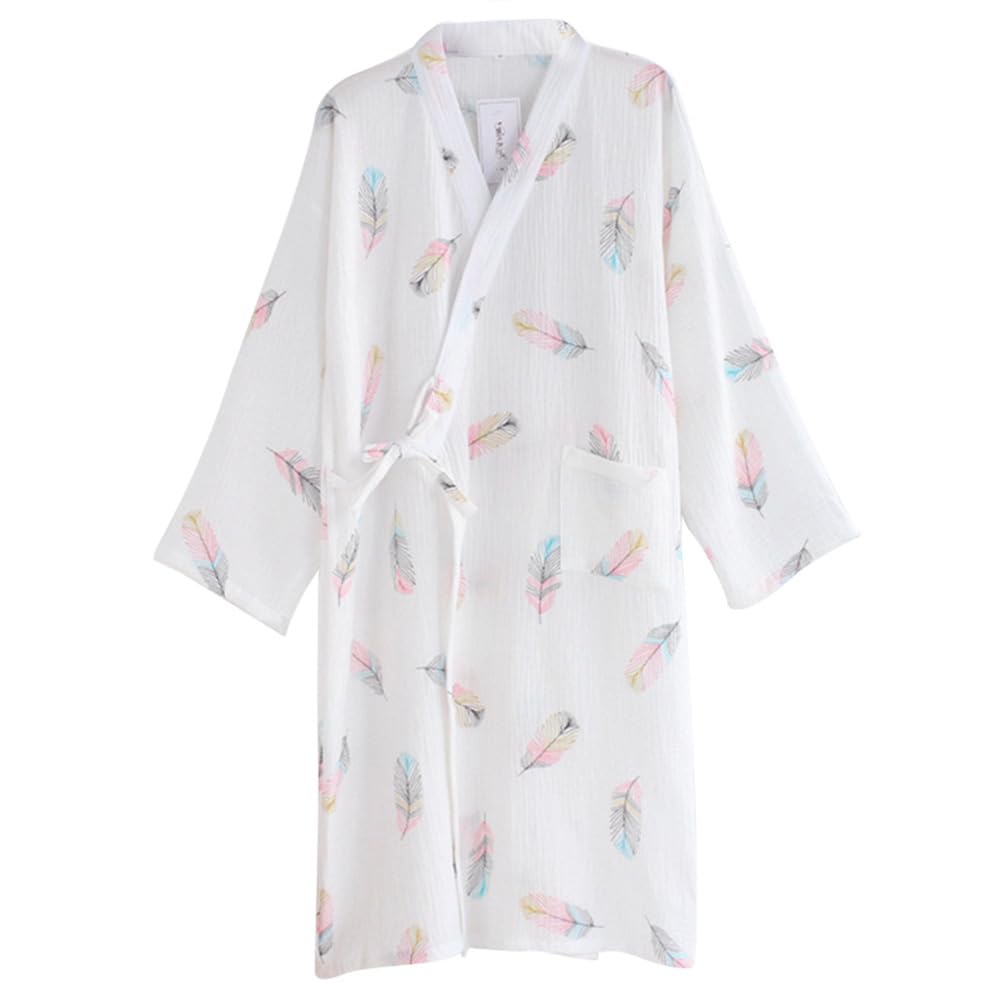【送料無料】綿100% バスローブ レディース ナイトガウン 浴衣 パジャマ お風呂上がり ルームウェア 部屋着 寝巻き ガウン 和装 寝間着 可愛い 花柄 色：ホワイト、サイズ：L