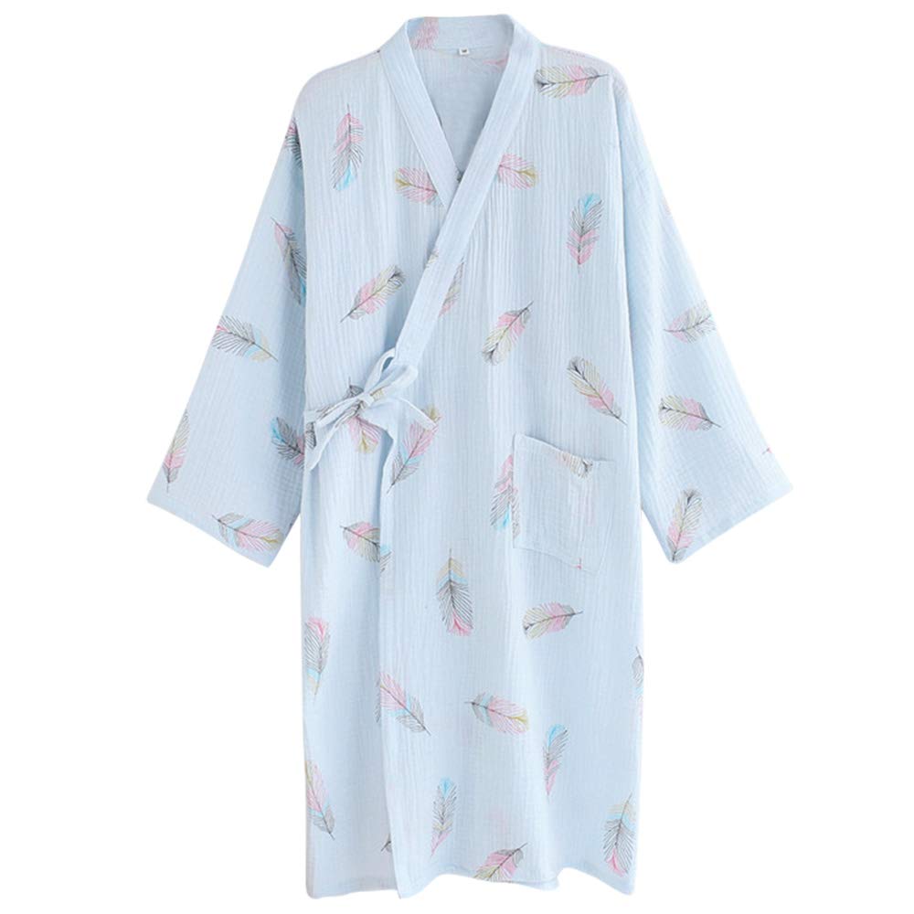 【送料無料】綿100% バスローブ レディース ナイトガウン 浴衣 パジャマ お風呂上がり ルームウェア 部屋着 寝巻き ガウン 和装 寝間着 可愛い 花柄 色：ブルー、サイズ：L