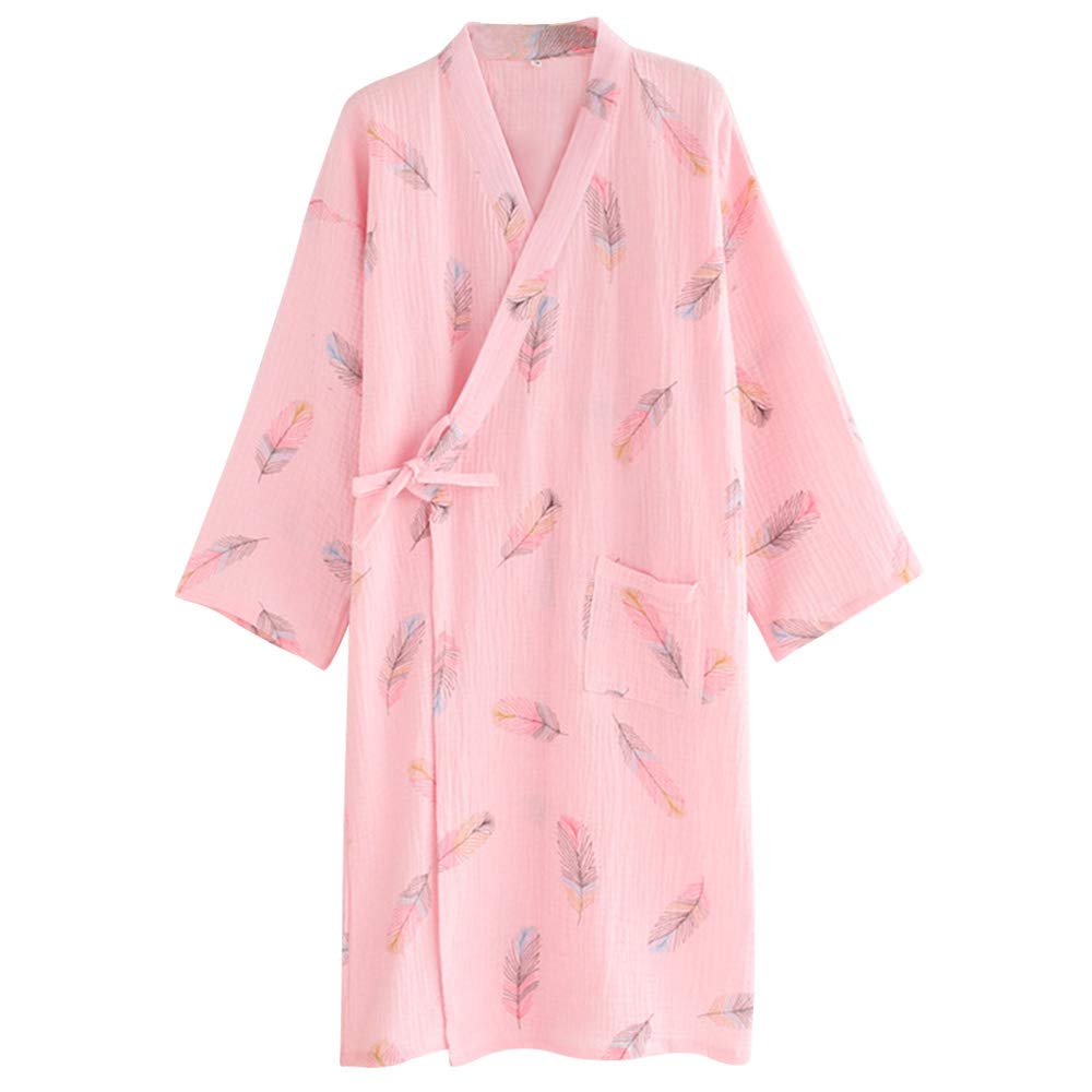 【送料無料】綿100% バスローブ レディース ナイトガウン 浴衣 パジャマ お風呂上がり ルームウェア 部屋着 寝巻き ガウン 和装 寝間着 可愛い 花柄 色：ピンク、サイズ：M