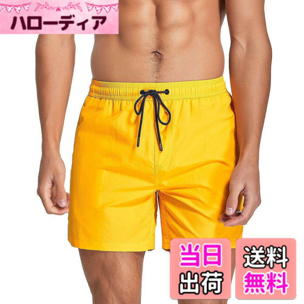 【送料無料】[Yotonna] ヨトンナ 海水パンツ 水着 サーフパンツ メンズ 海パン [水陸両用・吸水速乾] トランクス 短パン ボードショーツ ビーチパンツ スイムウェア 無地 おしゃれ メッシュインナー付き 大きいサイズ 色：イエロー、サイズ：2XL